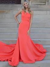 Elegant One Shoulder Orange Prom Dress Mermaid Sleeveless Satin Gowns